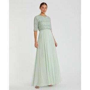 Mac Duggal 9180 Chiffon Gown W/Fully Beaded 3/4 Sleeve Top Size 4